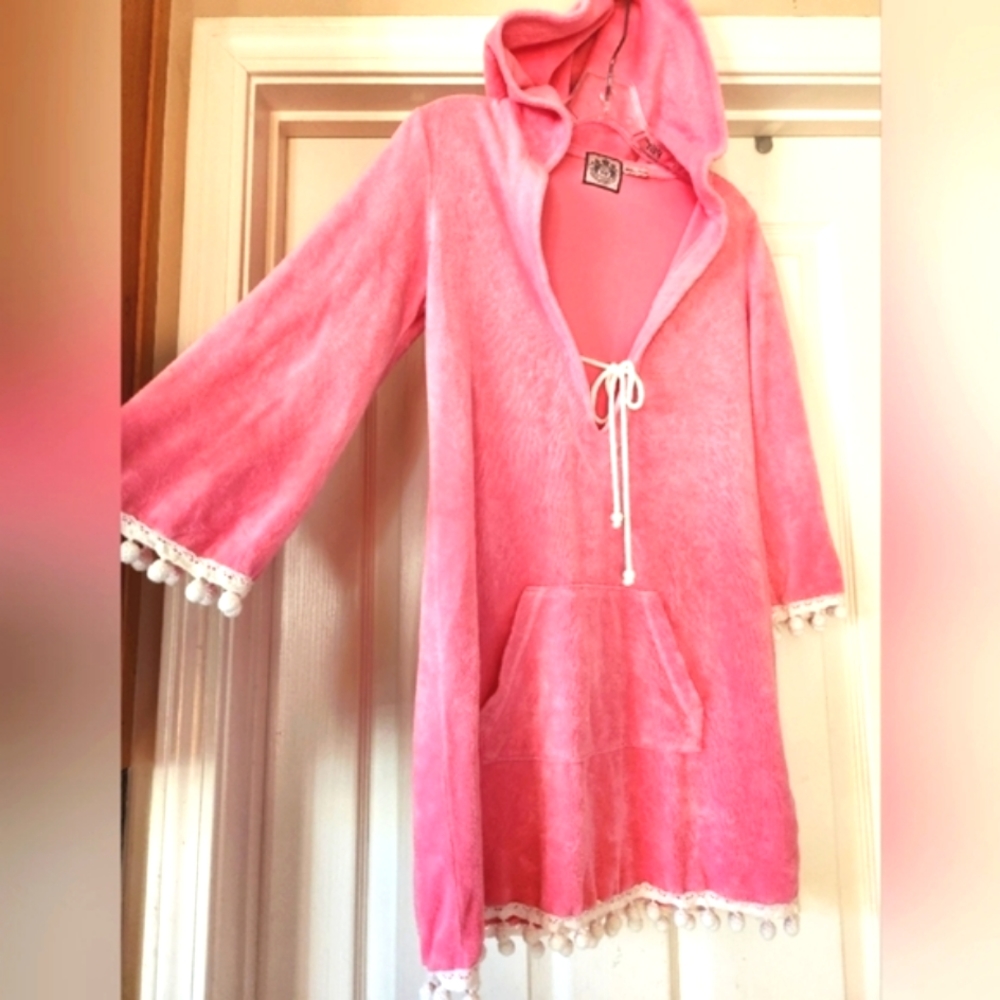 Y2K JUICY COUTURE Terry Cloth Salmon Pink Hood PLUNGE Dingleballs Mini Dress P/S